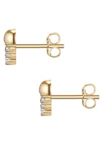 Zlati uhani s stud obliko, ki imajo zaobljeni vrh in tri majhne prozorne kamne v linearni postavitvi. Oblikovanje je minimalistično in elegantno.