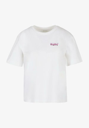 Biała bawełniana koszulka z krótkim rękawem, z okrągłym dekoltem i różowym napisem graficznym "NIE DZWOŃ DO MNIE DZIECIKU" nadrukowanym na froncie.