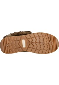 Brun gummisula med ett texturerat, vågigt mönster. Mjuk brun konstfiberfoder runt kanten. Robust konstruktion för hållbarhet.