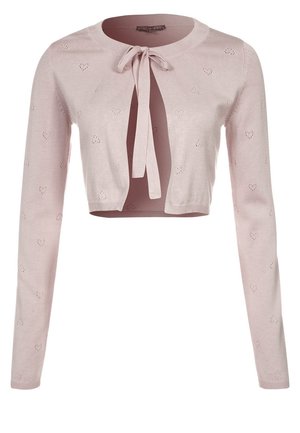 Light pink cropped cardigan with long sleeves, small heart-shaped eyelet patterns, and a front tie closure at the neckline.