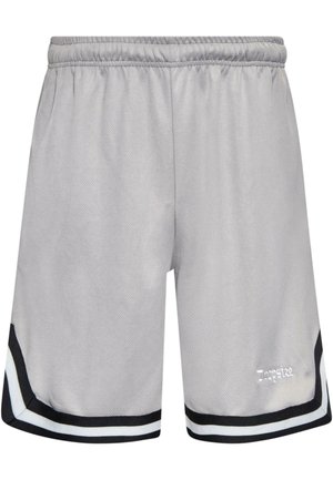 Pantaloni scurți atletici gri din material mesh, cu talie elastică, accente în dungi negre și albe și logo brodat în partea stângă jos.