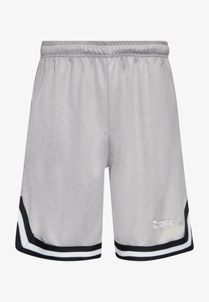 Shorts de sport grises en tissu mesh, avec une ceinture élastique, des accents en noir et blanc, et un logo brodé sur le bas à gauche.