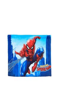 Blue blanket featuring a Spider-Man design, with a vibrant, detailed illustration of the character in action against a cityscape backdrop.