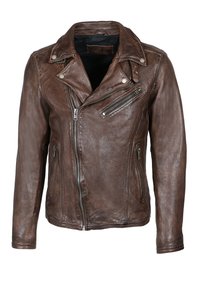 Veste de moto en cuir marron avec une coupe classique, zip asymétrique, col à pression et poches latérales zippées. Texture lisse avec des coutures visibles.