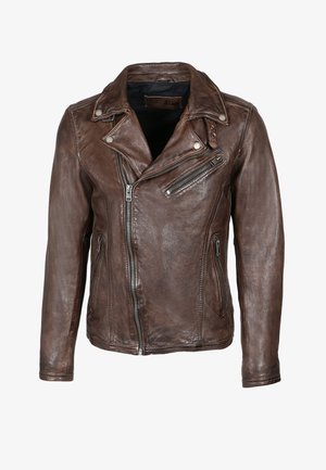 Braune Leder-Motorradjacke im klassischen Schnitt, asymmetrischer Reißverschluss, Druckknopfkragen und seitliche Reißverschlusstaschen. Glatte Textur mit sichtbaren Nähten.