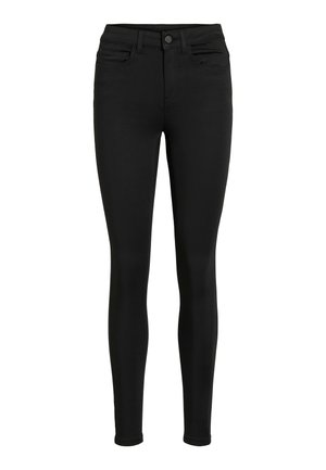 Črne skinny jeans hlače iz elastičnega materiala, s klasičnim oblikovanjem petih žepov, zapiranjem na gumb in zanke za pas.