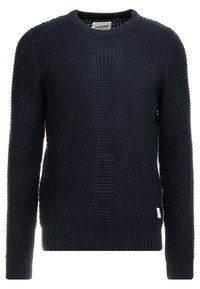 Mörkblå stickad tröja med en texturerad mönster, rund halsringning och ribbade ärmslut och nederkant. Etikett synlig i nedre vänstra hörnet.