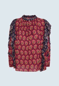 Blusa a maniche lunghe in rosso e navy con motivo paisley, maniche arricciate, collo alto e tessuto leggero.
