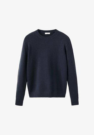 Dunkelblauer gestrickter Pullover, runder Halsausschnitt, lange Ärmel, gerippte Bündchen und Saum, weiche Textur, minimalistisches Design ohne Muster oder Akzente.