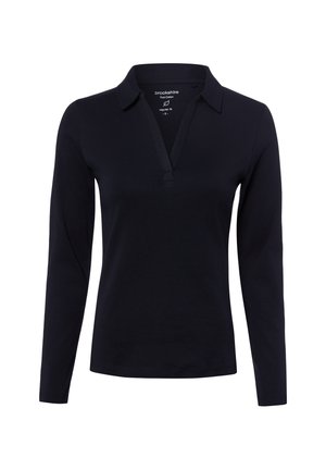 Polo nera a manica lunga con colletto e scollo a V aperto, realizzata in puro cotone, taglia piccola, mostrata su sfondo bianco.