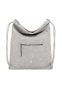 Sac perforé gris avec une texture douce, fermeture à cordon, et une poche zippée à l'avant. Dispose de fines bretelles arrondies et d'un logo discret.