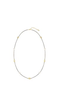 Finom nyaklánc fekete zsinórral, váltakozó kis arany és fehér gyöngyszerű gyöngyökkel, és arany állítható záróval.