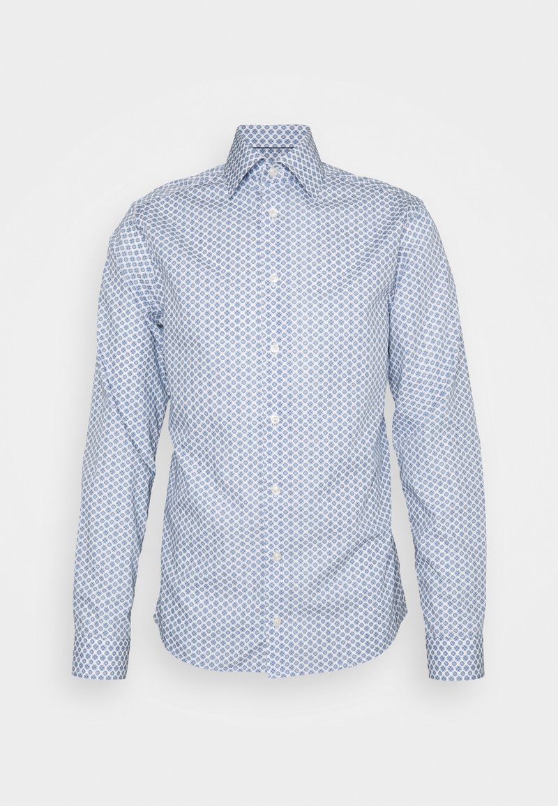 Chemise bleu clair à manches longues avec un petit motif circulaire bleu foncé, col italien et manches avec poignets.