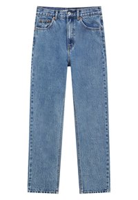 Jean denim bleu coupe droite avec taille haute, fermeture devant par boutons et zip, et cinq poches.