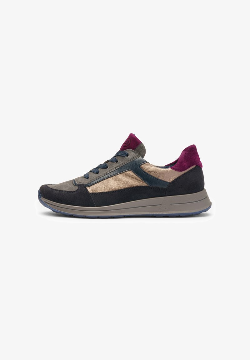 Sneakers with a combination of dark gray, navy, and metallic gold materials; suede heel accent in burgundy; rubber sole.