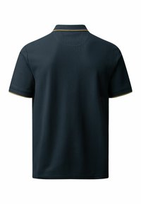 Námornícka polo košeľa s krátkymi rukávmi, ribbovaným golierom a zlatými detailami pozdĺž okrajov. Vyrobená z hladkej, texturovanej látky.
