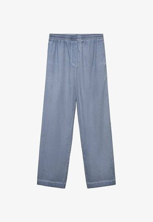 Jasnoniebieskie spodnie szerokie z elastycznym paskiem w talii oraz gładką, lekko błyszczącą teksturą. Proste nogawki bez kieszeni.