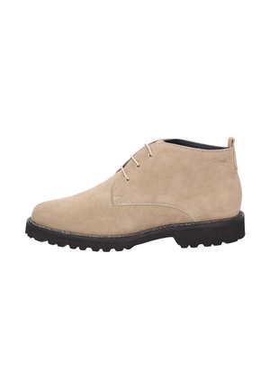 Beige suede ankle boots with a rounded toe, four eyelet lacing, textured rubber sole, and subtle stitching details.