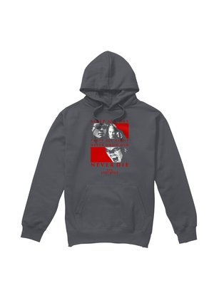 Dark gray hoodie with red and black graphic of three faces and text: "Sleep all day, party all night, never grow old, never die, The Lost Boys."