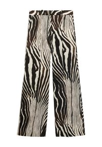 Pantaloni a gamba larga con una stampa zebrata audace in bianco e nero con accenti marroni; realizzati in tessuto leggero, dalla texture liscia.