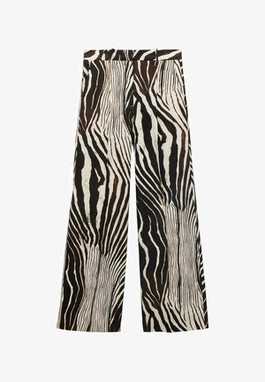 weit geschnittene Hosen mit einem auffälligen Zebra-Print in Schwarz und Weiß mit braunen Akzenten; aus leichtem Stoff mit glatter Textur gefertigt.