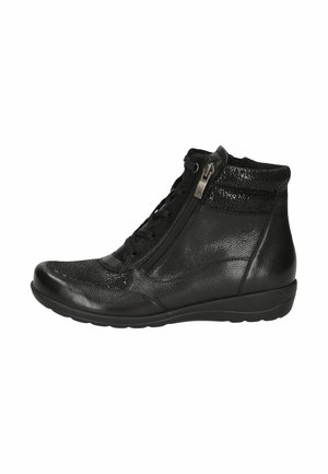 Bottines noires avec une finition en cuir texturé, fermeture éclair et lacets à l'avant. Bout rond et semelle légère et rembourrée.