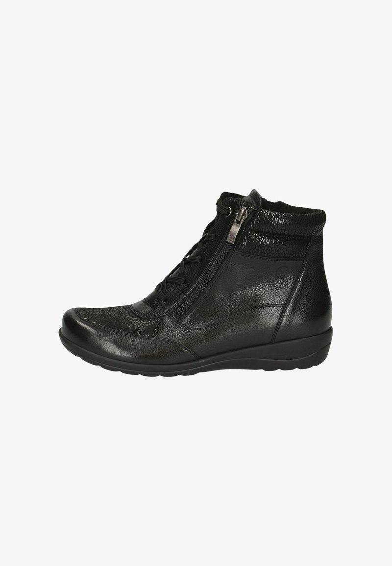 Bottines noires avec une finition en cuir texturé, fermeture éclair et lacets à l'avant. Bout rond et semelle légère et rembourrée.