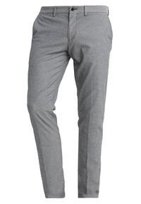 Grau gemusterte Hose mit schlankem Schnitt, aus gewebtem Stoff. Verfügt über einen vorderen Knopfverschluss, Seitentaschen und eine subtile Textur.