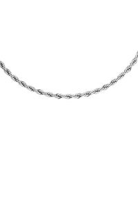 Collana in argento a catena attorcigliata con un design intrecciato, texture liscia e una finitura uniforme e riflettente.