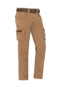 Khaki cargobroek van een duurzaam stof, met meerdere zijzakken, verstevigde stiksels en een groene stoffen riem.
