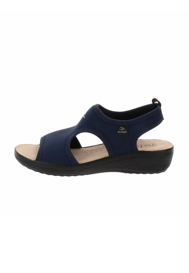 Sandalini blu navy con punta aperta e tagli laterali, realizzati in materiale sintetico liscio, dotati di una soletta imbottita e suola nera texturizzata.