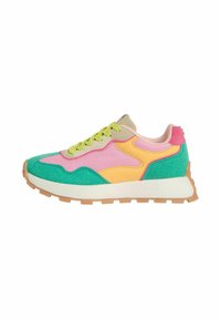 Sneaker atletiche colorate con materiali in rete e sintetici di colore verde, rosa, giallo e arancione, dotate di una suola intermedia bianca spessa e suola texturizzata.