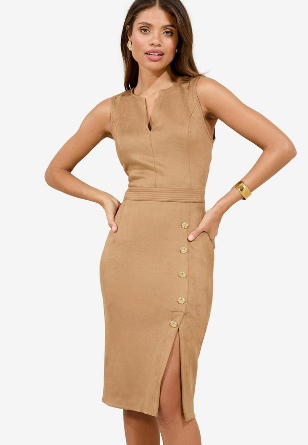V-NECK MIDI  - Etuikleid - faux suede camel