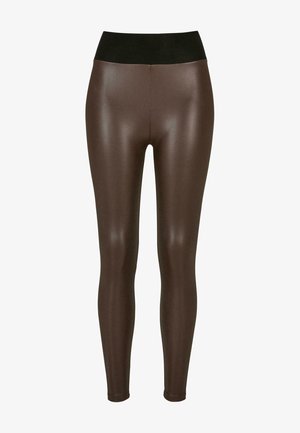 Brown faux leather leggings with a high black waistband, featuring a smooth, glossy finish and fitted design to the ankle.