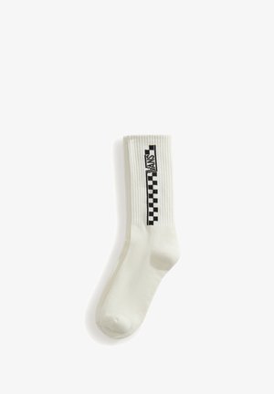 Weißer Crew-Socken mit schwarzem vertikalem Vans-Logo und Schachbrettmuster am gerippten oberen Teil.
