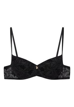 Black underwired bra with sheer floral lace overlay, adjustable satin straps, and a small gold accent at the center front.