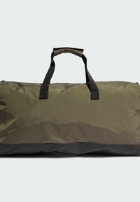 Borsa a tracolla verde oliva realizzata in nylon resistente, con fondo nero, due manici e chiusura superiore con zip.