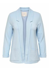Light blue, textured blazer with 3/4 sleeves, open front, and two front pockets. Notched collar and rolled cuffs are notable design features.