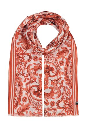 Lightweight scarf with red floral and paisley patterns on a white background, framed by red striped borders.