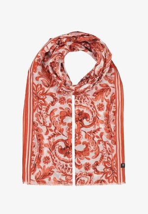 Leichter Schal mit roten Blumen- und Paisley-Mustern auf weißem Hintergrund, umrahmt von rot gestreiften Rändern.