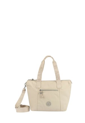Borsa tote beige con manici doppi, tracolla regolabile, chiusura con zip, tasca frontale con zip e dettaglio logo. Realizzata in tessuto resistente.
