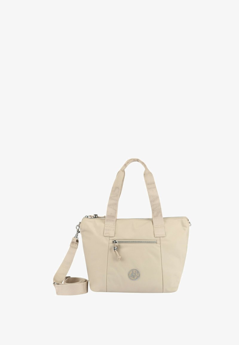 Beige schoudertas met dubbele handvatten, verstelbare schouderriem, ritssluiting, voorvak met rits en logo-accent. Gemaakt van duurzame stof.