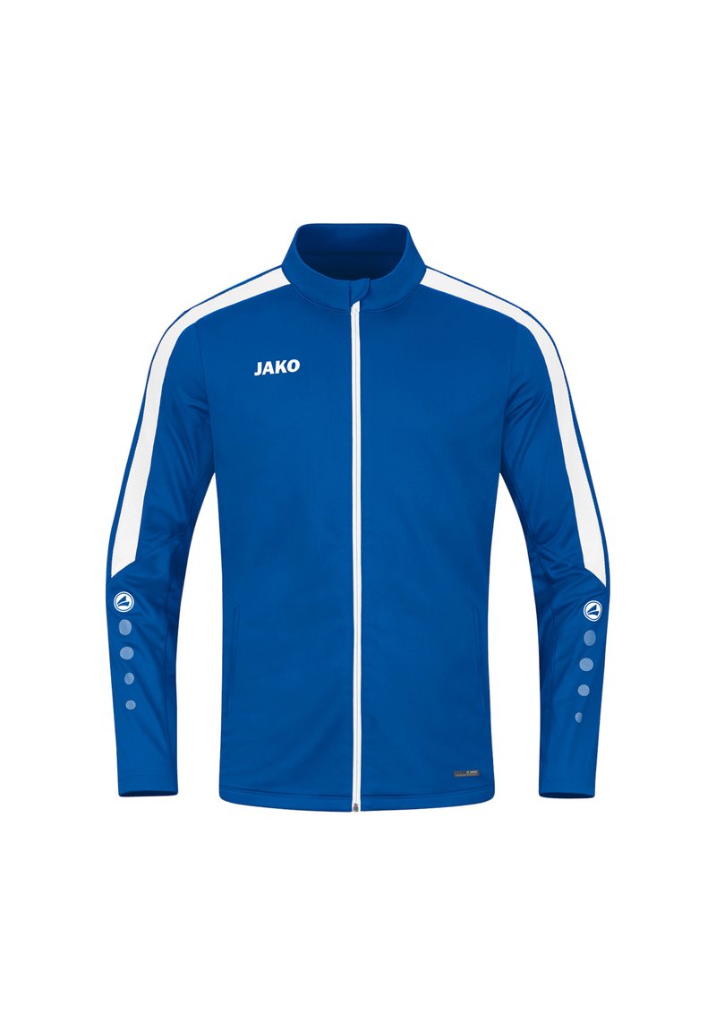 Blaue Sportjacke aus glattem Stoff; hat weiße Streifen, Stehkragen und Knopfdetails an den Ärmeln; mit Reißverschluss auf der Vorderseite.