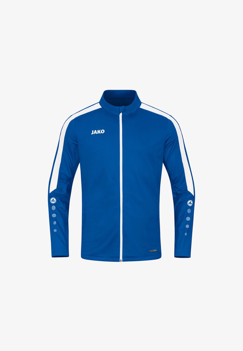 Blaue Sportjacke aus glattem Stoff; hat weiße Streifen, Stehkragen und Knopfdetails an den Ärmeln; mit Reißverschluss auf der Vorderseite.