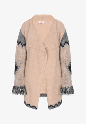 Beige knit cardigan with gray patterned sleeves, featuring fringed edges and accents of black and silver. Open front design.