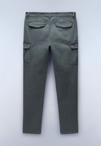 Cargo pants in dark grey fabric, features two front pockets, two rear pockets, and one side pocket. Straight leg design with belt loops.