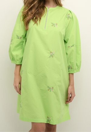 Frau trägt ein hellgrünes knielanges Kleid mit Puffärmeln, Reißverschluss vorne und kleinen Blumenstickereien, die über den Stoff verteilt sind.