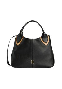 Borsa a tracolla in pelle nera testurizzata con finiture color cuoio alla base dei manici, due manici superiori e una sottile tracolla, dettaglio del logo dorato sul davanti.