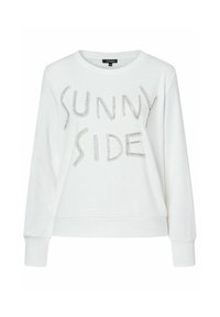 Weißer Sweatshirt mit dem Text "SUNNY SIDE", verziert mit silberner Perlenstickerei, Rundhals und Rippbündchen, lässiges Design.