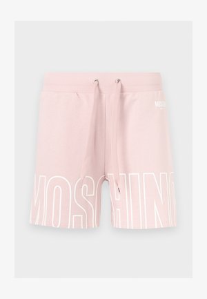 Gaiši rozā ikdienas šorti ar ribotu jostasvietu, auklu aizdari un lielu baltu "MOSCHINO" logotipu pa visu priekšpusi.